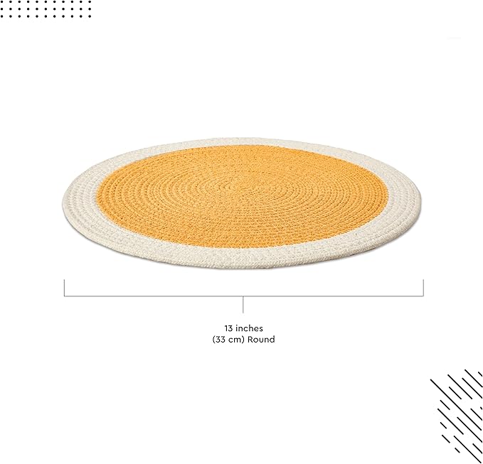 Encasa XO Dining Placemats Set of 6 | Cotton Round Table Mat - 13 in Diameter | Yellow & Off White | Handmade Rib Style Chargers for Dinner Plates