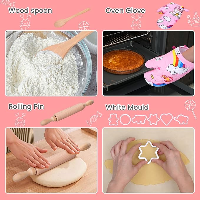 Kids Cooking and Baking Chef Set, 2 Pcs Apron (Pink Green) Chef Hat Accessories Complete Cooking Set, Dress Up Pretend Play Career Role Play Costume Toys Thanksgiving for Boys Girls