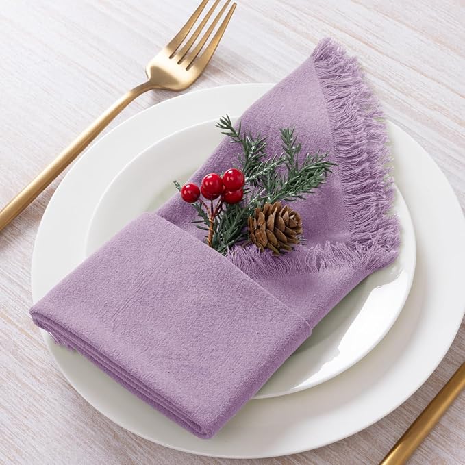 DeZerlor 6 Pack Purple Cotton Linen Napkins with Fringe Spring Cloth Napkins Set of 6 Boho Handmade Dinner Napkins Bulk for Wedding Bridal Baby Shower Parties, 17 x 17 Inches