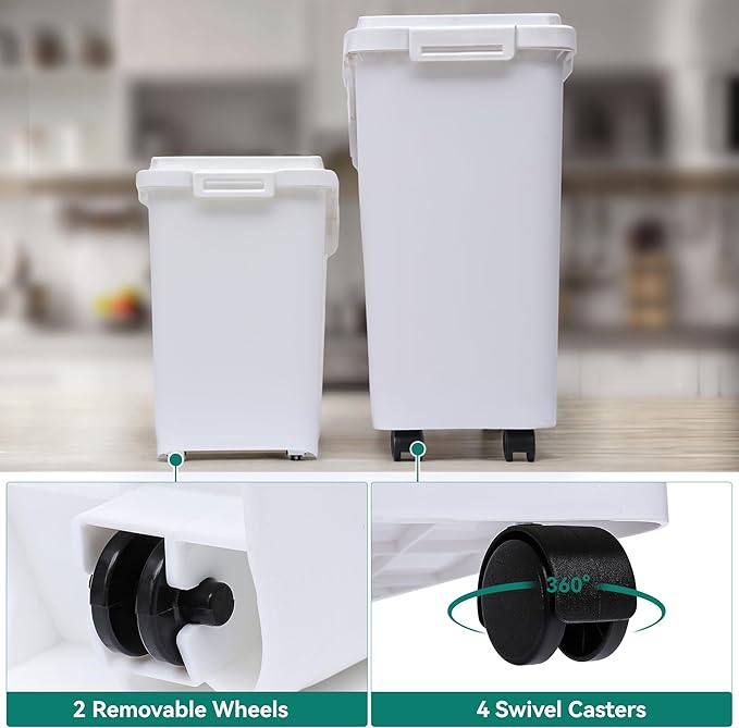 YITAHOME 65L/117lbs Large Ingredient Storage Bins, Commercial 11.4+5.8 Gal Rice Flour Storage Container, Organizer Storage Bin with Measuring Cup, Scoop and Wheels for Kitchen, White & Black Lid