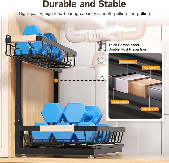 Sevenblue 2 Packs Under Sink Organizer, Height Adjustable 2 Tier Under Kitchen Sink Organizer, Multi-Purpose Storage Shelf for Kitchen Bathroom Cabinet (Black, Large)