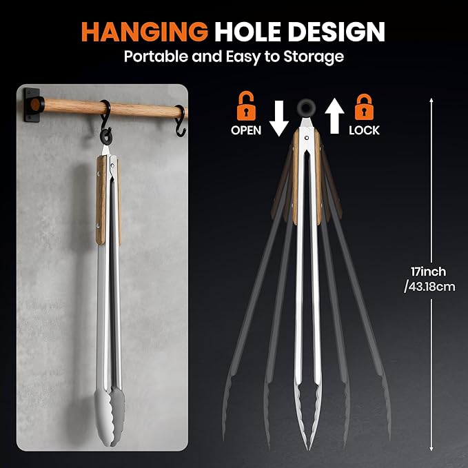 17-Inch Grill Tongs - Locking Metal Tongs with Oak Wood Handles,Stainless Steel Kitchen Tongs for Cooking,Long Tongs for Grilling,BBQ,Serving and Outdoor Barbecue,Heavy Duty,Heat-Resistant and Durable