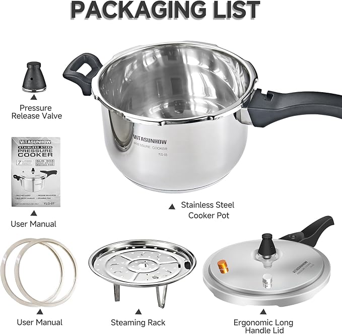 Stainless Steel Pressure Cooker with Steamer Basket, Faster Cooking and Safety Pressure Release (5-Liter)