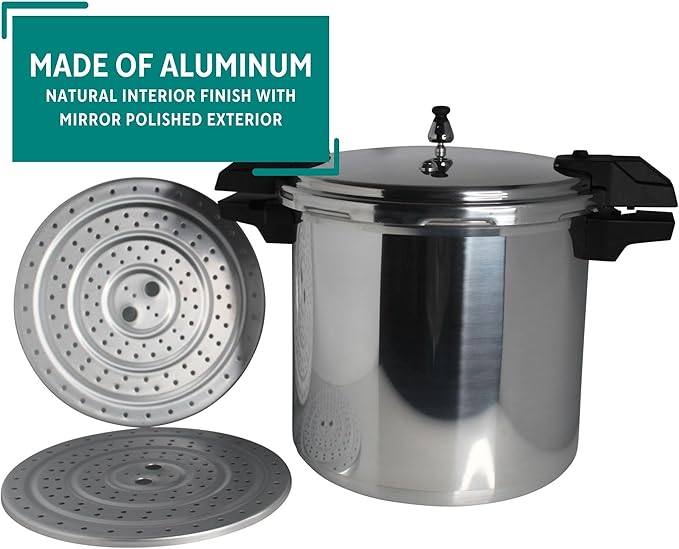 MIRRO 22qt Aluminum Pressure Canner with 3 Regulators & double Cooking Racks, 5/10/15 PSI