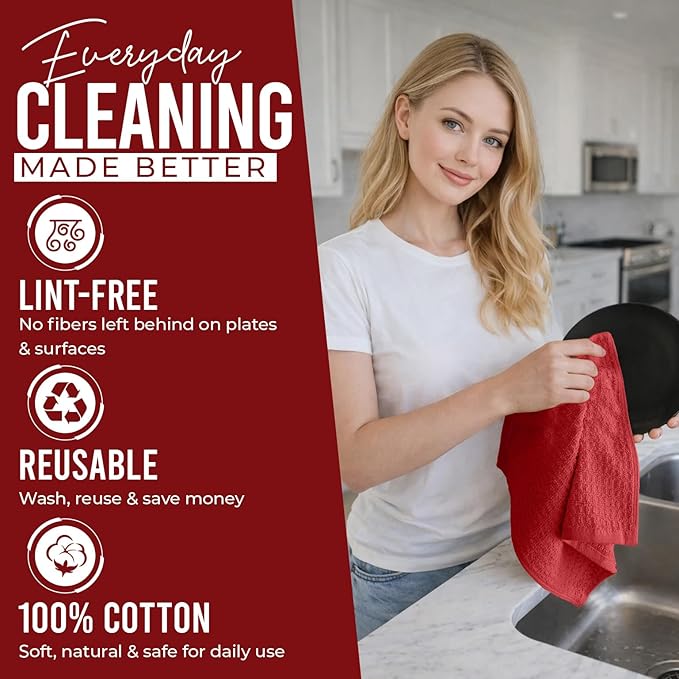 DAN RIVER Premium Dish Cloth 100% Cotton 12 X 12 Inches |Pack of 8|-Ultra Soft Tea Towels-Highly Absorbent Kitchen Rags-Terry Dishcloth for Kitchen and Household Cleaning |Red|