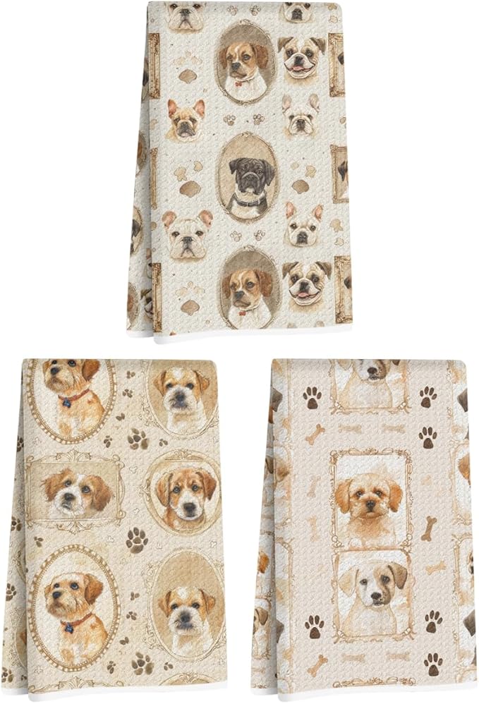 3 Pcs Cute Dog Portrait Kitchen Towels, Vintage Decorative Absorbent Microfiber Dish Cloth Tea Towel, Waffle Soft Hand Towels for Farmhouse Home Bathroom, Dog Lover Gifts