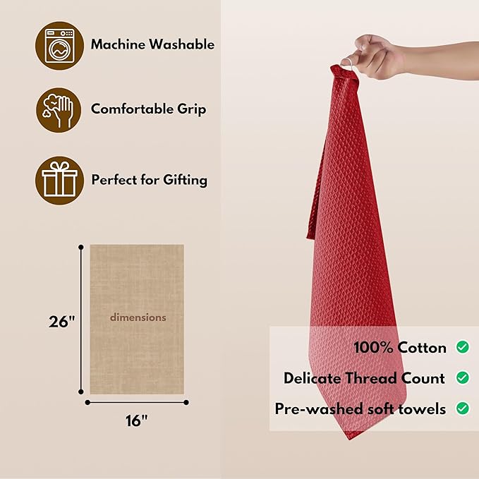Native Fab Waffle Weave Dish Towels 12 Pack, 100% Cotton Kitchen Dishcloths with Hanging Loop, 16x26 Inches, Super Absorbent, Quick Dry for Kitchen Cleaning, Drying Dishes, Red