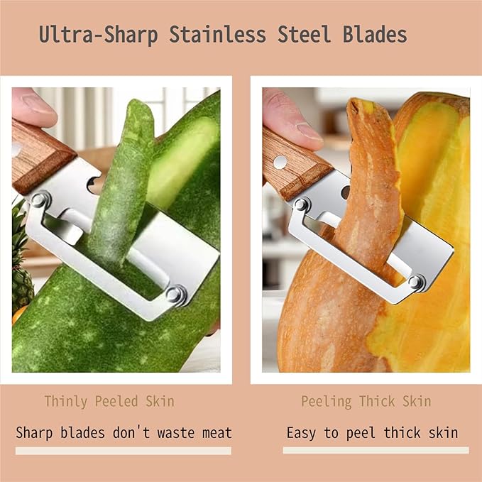 Zero Wooden Kitchen Tool, Multifunctional Vegetable Peeler, Stainless Steel Sharp Blades Carrot Potato Peeler with Wooden Handle and Bottle Opener Kitchen Tool (2Pcs)