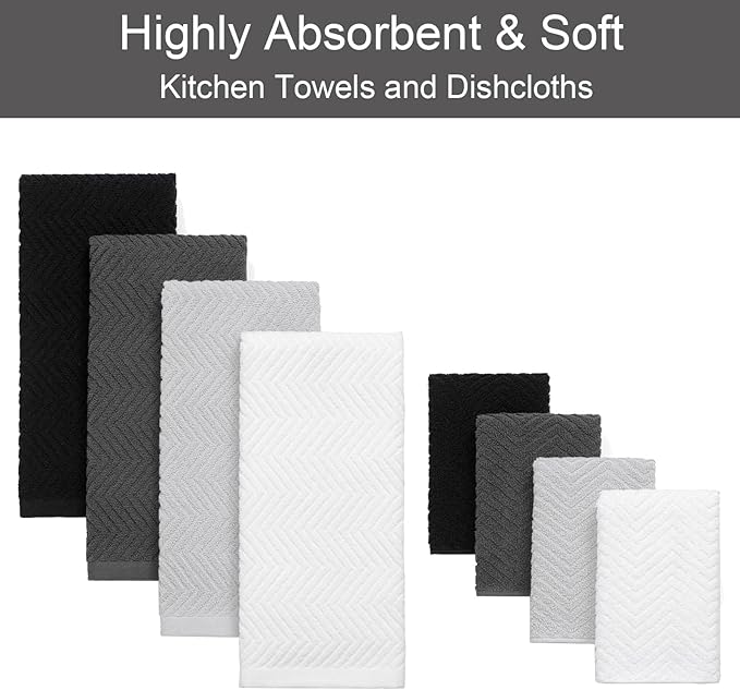 100% Cotton Kitchen Towels and Dishcloths Set, Pack of 8 Super Absorbent 16" x 25" Kitchen Towels and 13" x 13" Dish Cloths (400 GSM)