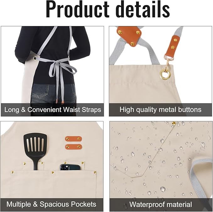 Aoomzoon Durable Kitchen Apron,Multifunctional Chef Aprons for Women & Men with Pockets for Cooking Baking & Daily Use