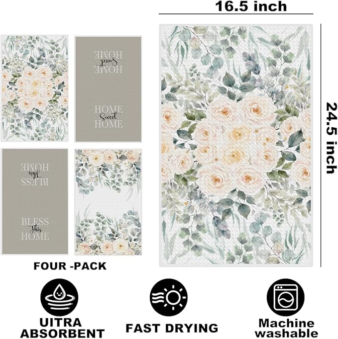 4 Pcs Flower Kitchen Towels, Home Decor Soft Absorbent Tea Hand Towel, Microfiber Dish Cloths for Drying Dishes, Waffle Dish Towels for Kitchen Bathroom, Housewarming Gifts for Women