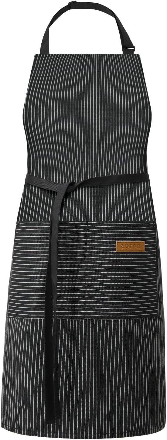 DILLMAN Kitchen Cooking Adjustable Aprons - Men Women Bib Soft Chef Stripes Apron with 2 Pockets