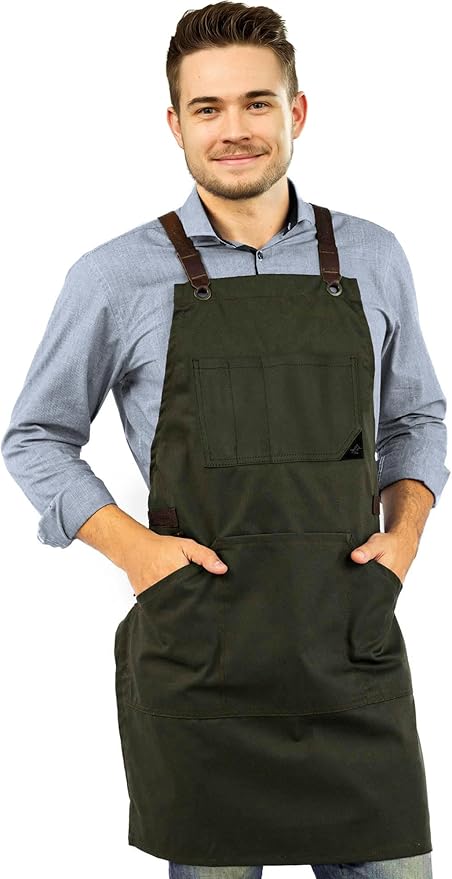 Under NY Sky Essential Army Green Apron – Cross-Back with Durable Twill and Leather Reinforcement – Adjustable for Men and Women – Pro Chef, Tattoo Artist, Baker, Barista, Bartender, Server Aprons