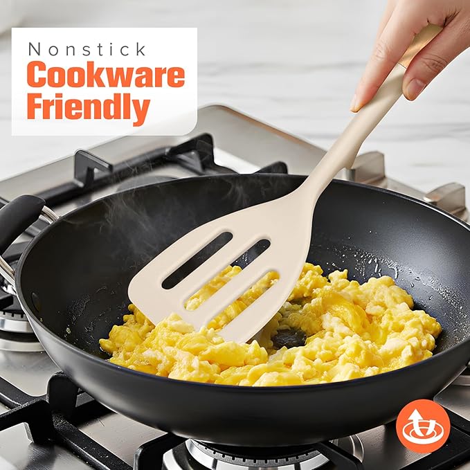 Silicone Cooking Spatula, Heat Resistant Solid Turner, Slotted Spatulas with Wooden Handle,Ideal Wood Kitchen Utensils Set for Frying, Baking, Flipping, Turning,Pack of 2 (Khaki)