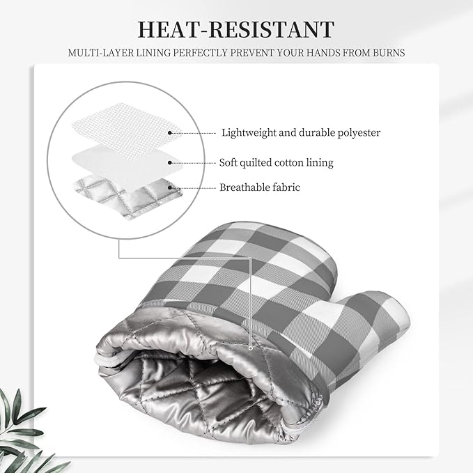 Buffalo Plaid White and Grey Oven Mitts and Pot Holders Set, 4pcs White Grey Plaid Silicone Oven Glove for Kitchen Heat Resistant Oven Mitts and Potholders Non-Slip for Cooking