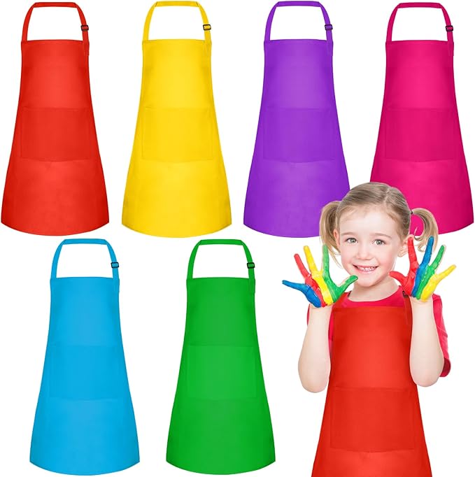 PLULON 6 Pcs Kids Aprons with 2 Pockets Painting Aprons for Kids Aprons Bulk, Paint Apron Adjustable Children Chef Aprons for Girls Boys Painting Baking Cooking Crafting - 6 Colors