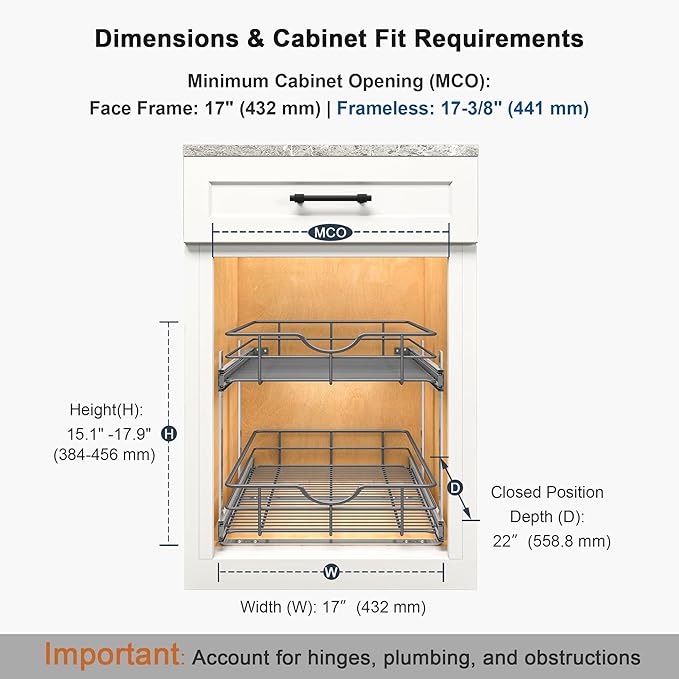 2 Tier Pull Out Cabinet Organizer - 17" W x 22" D Soft Close Slide Out Shelves with Shelf Liners - Pullout Drawers for Kitchen Cabinets, Pantry, Bathroom, Heavy Duty Steel Wire Baskets