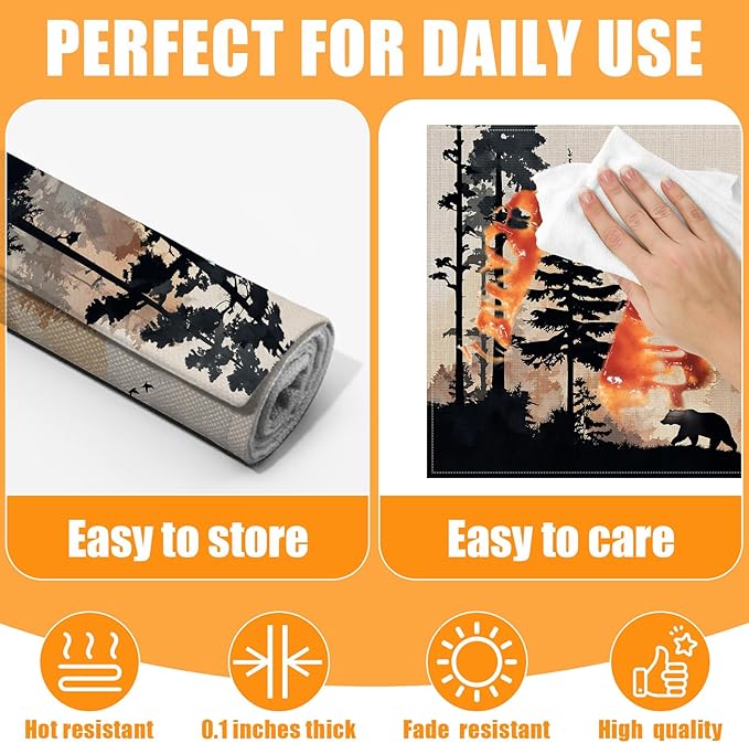 Rustic Bear Forest Placemats Set of 6,12 x 18 Inch Table Mats Washable Heat Resistant Linen Fabric Rectangle Place Mat for Party Home Kitchen Dining