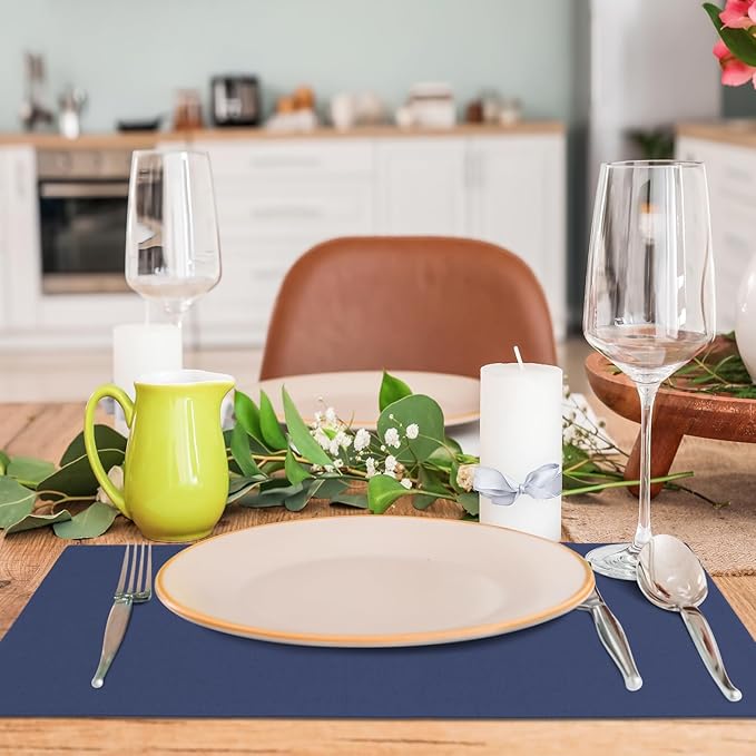 MANSPHIL Navy Blue Cloth Placemats Set of 6 Double Layer Thick Fabric Table Mats Faux Linen Place Mats Heat Resistant Washable Wrinkle Free Dining Kitchen Table Decor, 13x19 Inch Oeko Tex Placemat