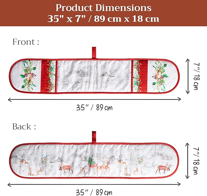 Maison d' Hermine Double Oven Mitt (7" x 35") 100% Cotton Heat Resistant BBQ Cooking Gloves with Loop for Thanksgiving Christmas Decorations Baking Cooking Handling Hot Pan (Christmas Tradition)