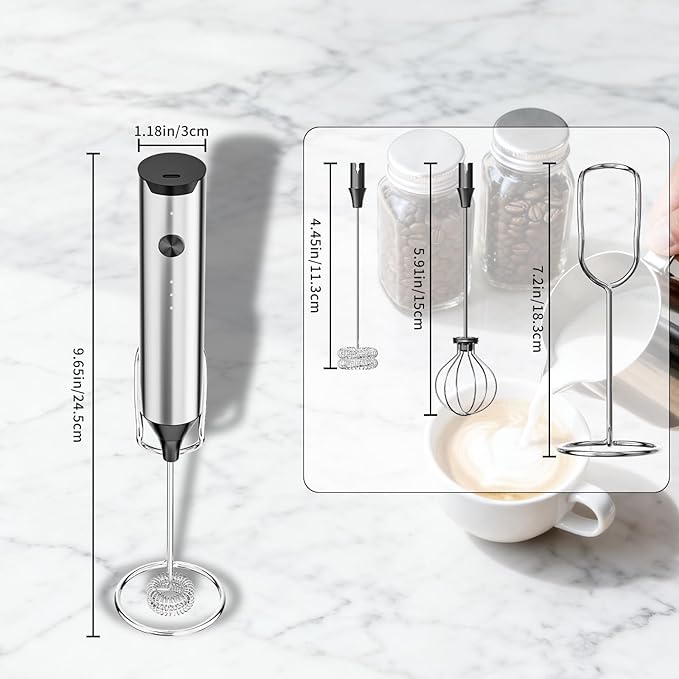 Milk Frother Handheld Rechargeable, Hand Frother with Stand, Drink Mixer Frother Wand Electric Whisk Stirrer for Coffee, Latte, Matcha, Cappuccino, Hot Chocolate, Kitchen Gifts - Stainless Steel