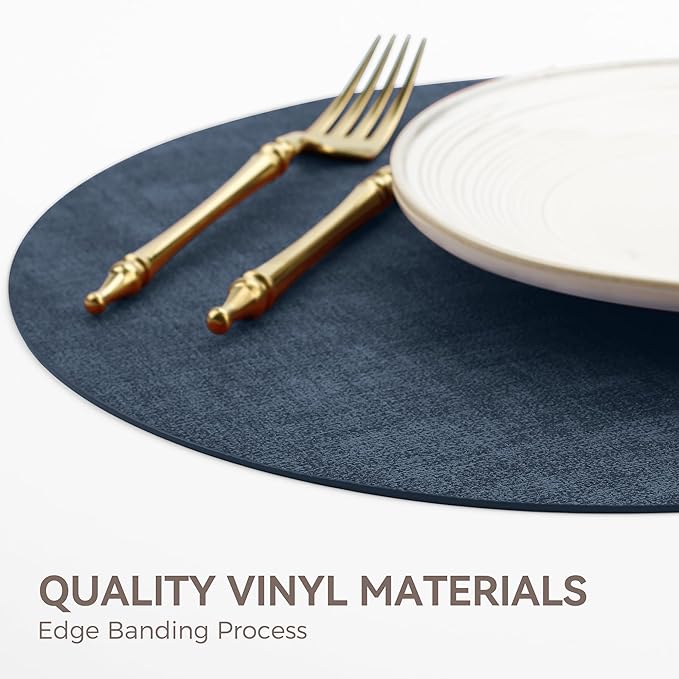 13" Round Placemats Set of 12, Reversible Faux Leather Heat Resistant Table Mats, 100% Waterproof Oilproof Wipeable Table Protective Placemats for Vinyl, Washable for Indoor (12, Navy Blue)