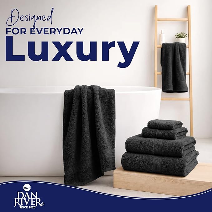 DAN RIVER 8 PC Luxury Bath Towels for Bathroom, 2 Bath, 2 Hand, and 4 Wash Cloths, 600 GSM 100% Ring Spun Cotton Towel Set, Highly Absorbent, Gym, Hotel, and Spa, Black