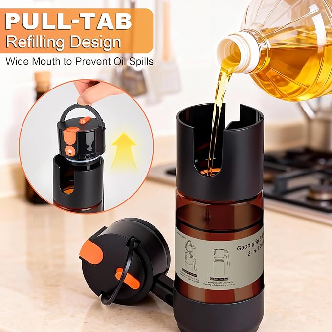 2-IN-1 Oil Sprayer for Cooking with 8 Stickers Light-Blocking Dark Glass Olive Oil Dispenser Bottle for Kitchen 500ml/16.9oz Oil Mister for Air Fryer, BBQ,Salad Even Spray with Portion Control-2PC
