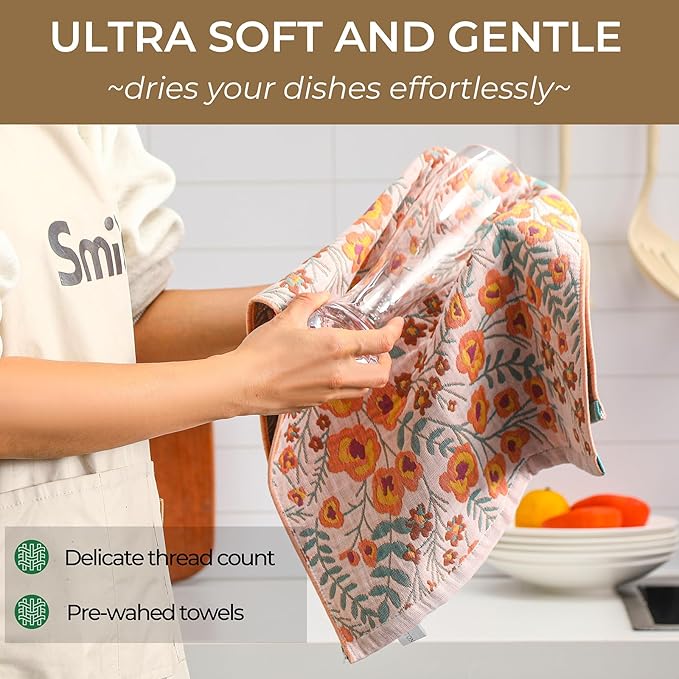Kitchen Dish Towels for Drying 100% Cotton Set of 4, Ultra Absorbent Quick Drying Thick Reusable Cleaning Decorative Tea Towels with Hanging Loop,Reversible Boho Pretty Hand Towels,Floral