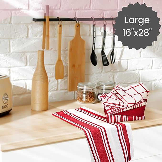 Cotton Clinic Assorted Kitchen Towels 5 Pack – Soft Absorbent Quick Drying Table & Kitchen Linen - Dish Towels, Dish Cloths, Tea Towel and Cleaning Towel with Hanging Loop – 16x28 / Red White