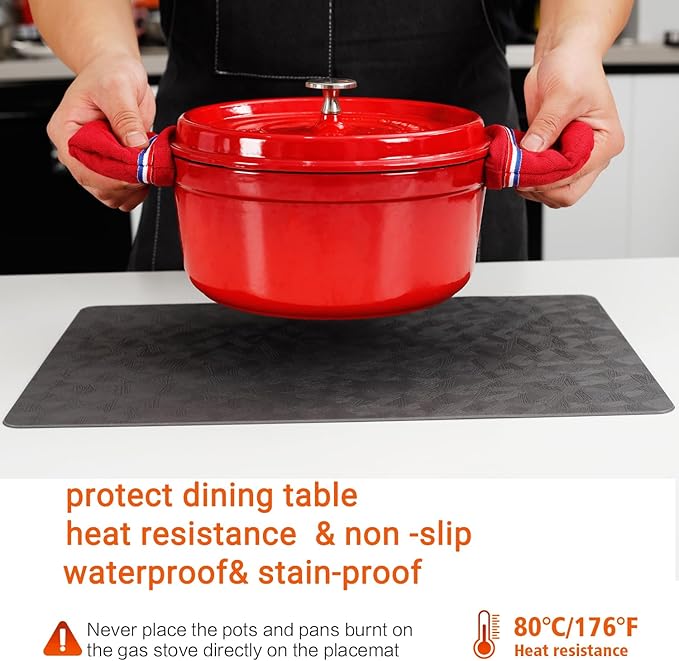 Vinyl Placemats Set of 8 Heat Resistant Easy Clean Non-Slip Place Mats for Dining Table Faux Leather Waterproof Stain Resistant Wipeable Washable PVC Table Mats(8, Gray)