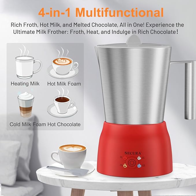 Secura Detachable Milk Frother and Steamer, 17 oz Electric Milk Warmer, 4-in-1 Hot/Cold Foam Maker, Teflon-Free Stainless Steel Jug, Dishwasher Safe for Latte, Macchiato, Hot Chocolate (Red)