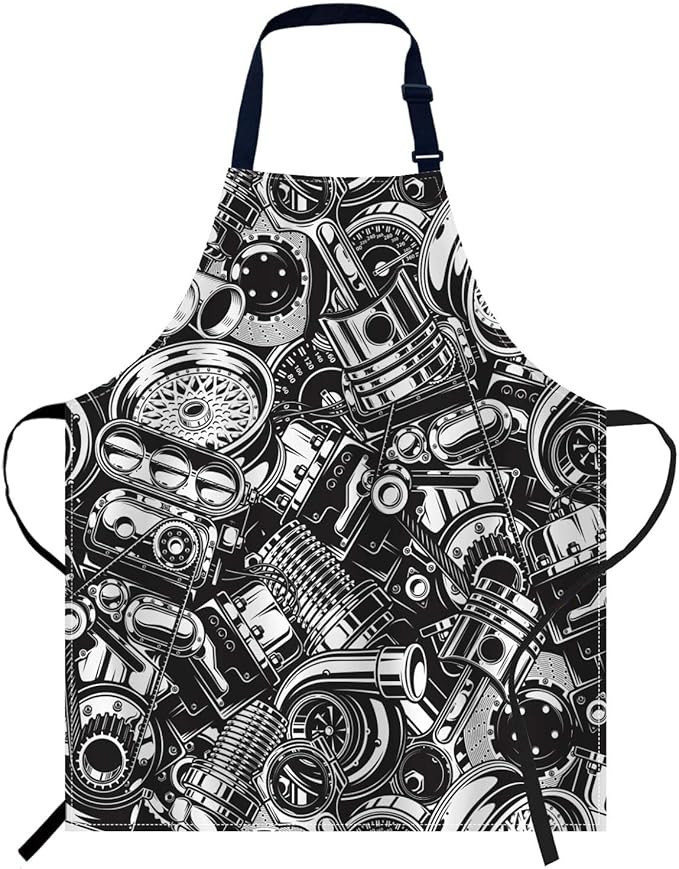 oFloral Automobile Car Parts Black and White Elements Bib Apron with Adjustable Neck for Men Women,Suitable for Home Kitchen Cooking Waitress Chef Grill Bistro Baking BBQ Apron