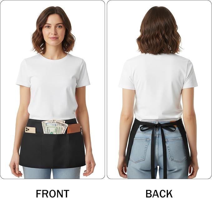 BOHARERS 4 Pack Waitress Apron With 3 Pockets-Black Server Aprons-Waiter Short Half Waist Servers Apron