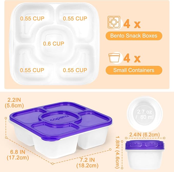 Caperci Original Bento Snack Box Containers for Kids & Adults - Lunchable Food Containers 5 Compartments with 4 Leakproof Small Containers, BPA-Free, Set of 4