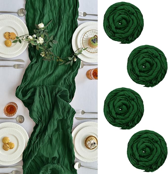 IVAPUPU 4 Pcs Cheesecloth Table Runner - 10ft Emerald Green Boho Gauze Cheese Cloth Table Runners for Baby Shower Decorations Wedding Party Summer Garden Decor