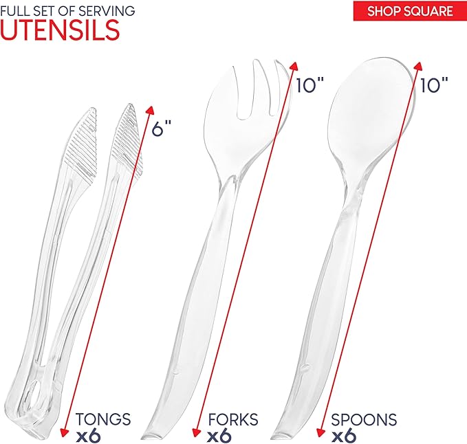 Disposable Plastic Serving Utensils - Set of 18 Clear Buffet Serving Utensils, 6 Each 6" Tongs, 10” Spoons, 10” Forks