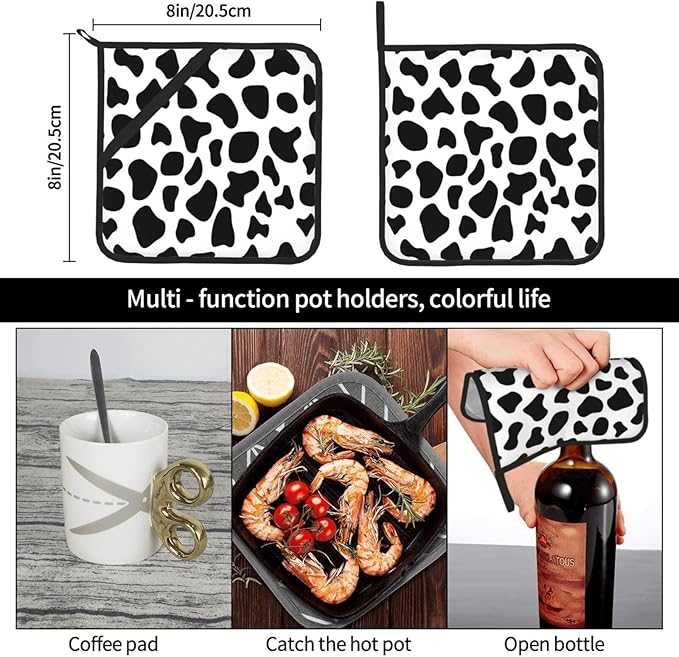 Pot Holders 2Pcs Black White Spots Cow Skin, Pot Holder for Kitchen Heat Resistant,Potholder for Microwave Cooking Baking Oven End Dishes and BBQ