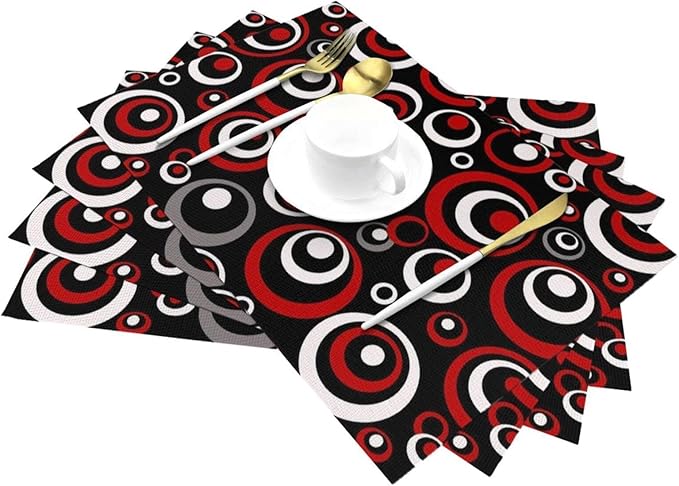 Set of 4 Modern Geometric Black Red and White Circles Patterned Linen Placemats, 12 x 18 Inch Non-Slip Heat Resistant Abstract Art Red Black Table Mats for Kitchen Home Party Dining Table, Home Decor