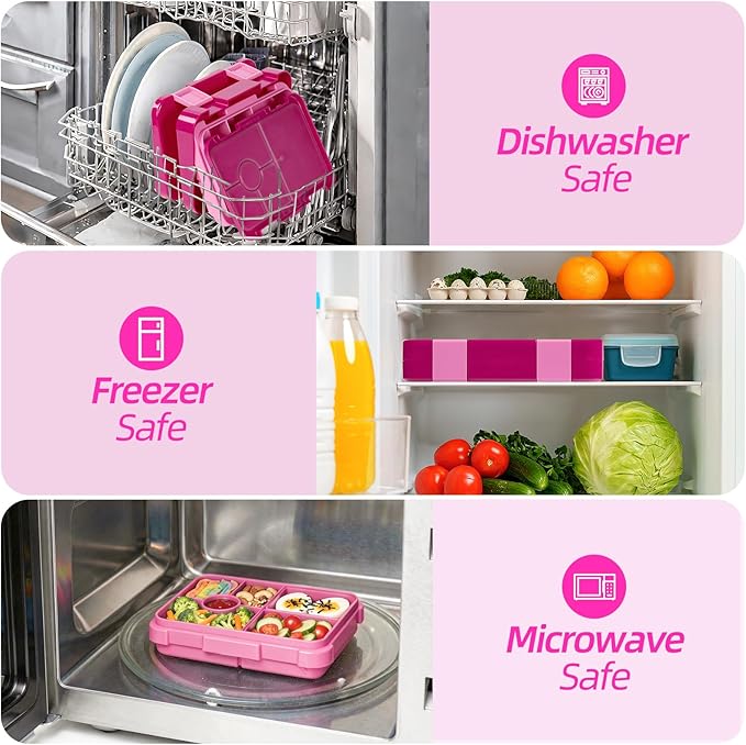 Bento Lunch Box for Kids, 6 Compartments BPA Free, Dishwasher Safe Back to School Snack Bento Lunch Containers Boxes, Ideal Portion Sizes for On-the-Go Meal, Ages 3+, School, Rose Red