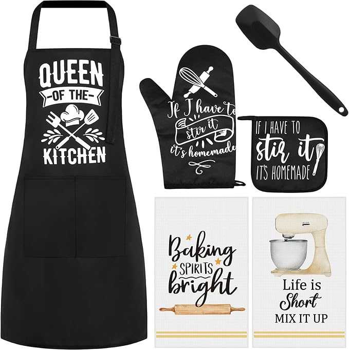 Hoolerry 6 Pcs Kitchen Apron Dish Towels Oven Mitts and Pot Holders Sets with Silicone Spatula for Baking Cooking Lover Engagement Women Men Housewarming Gifts (Black)