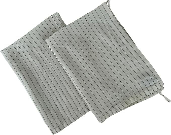 Eight Owls Stonewashed Linen Kitchen Dish Towels - 20 x 27 inch – 100% Pure Linen Tea Towel/Hand Towel - Set of 2 (Olive Pinstripe)
