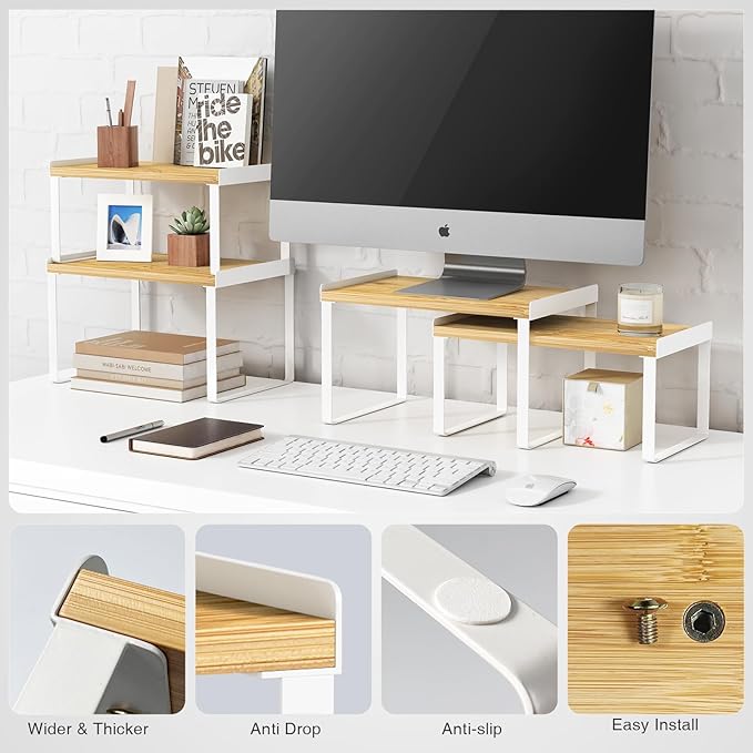 Goozii Kitchen Cabinet Organizer Set of 4, Desk Shelf Riser, Stackable Cabinet Pantry Cupboard Organizer, Kitchen Counter top Shelf, Storage Rack for Spices, Plates, Bamboo Wood, White