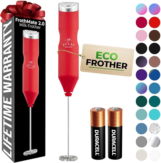 Zulay Kitchen Powerful Frother Wand AA Batteries Included, Ultra Fast Handheld Drink Mixer, Comfort Milk Frother, Stainless Steel Whisker, Frother Handheld for Coffee, Protein & Matcha - Frothmate 2.0