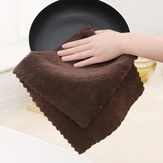 Homaxy 12 Pack Dish Towels for Kitchen (10 x 20 Inches, Brown), Super Soft and Absorbent Coral Velvet Dish Cloths for Washing Dishes, Nonstick Oil Fast Drying Microfiber Cleaning Cloth