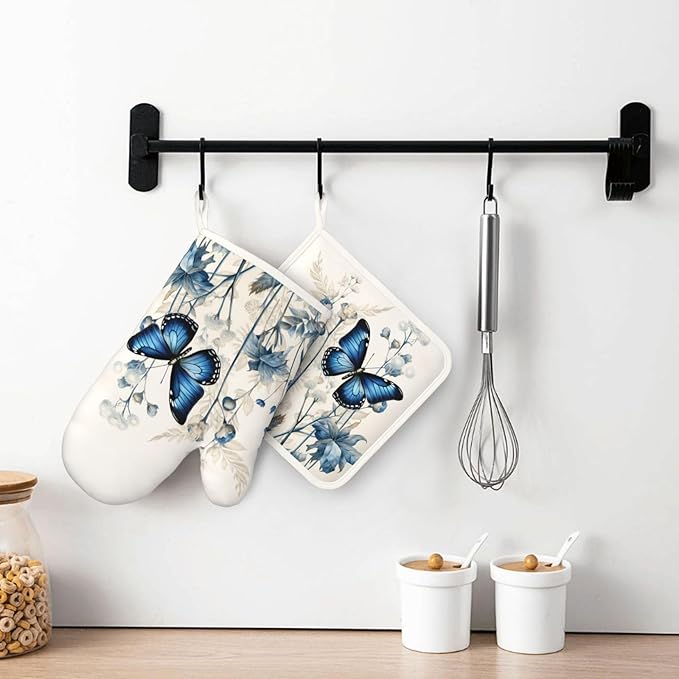 Oven Mitts and Pot Holders Butterfly Blue Flower Boho Silicone Kitchen Accessories Set of 2 Heat Resistant Long Gloves Potholder Non-Slip Grip for Chef Cooking,Baking,Grilling,BBQ
