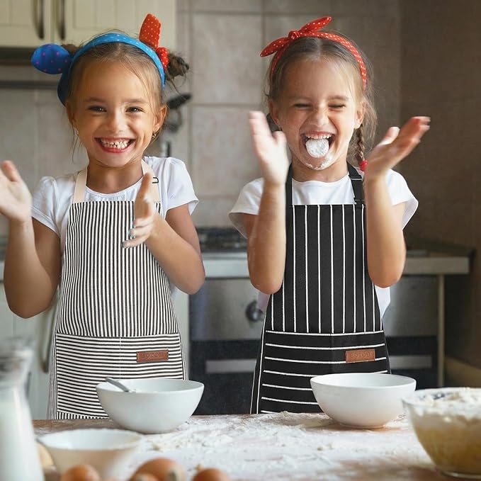 2 Pack Stripes Kids Apron, Kids Cooking Aprons with 2 Pockets, Cute Aprons for Cooking for Boys and Girls