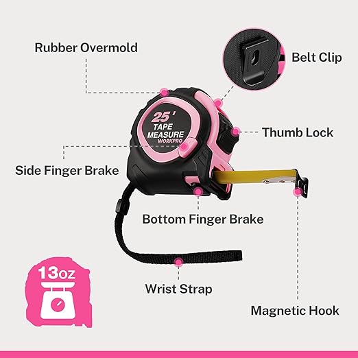 WORKPRO 25-FT Tape Measure with Fractions, 3 Brakes Retractable Measuring Tape, Compact Measurement Tape with Magnetic Hook, Nylon Coating Blade Accuracy 1/32”, Pink