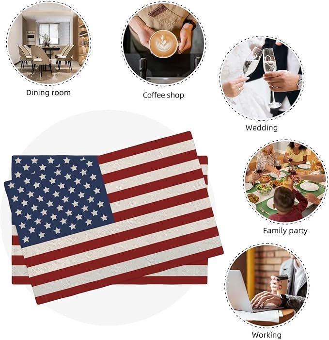 4th of July Patriotic Placemats 12x18 Inch Set of 4, American Flag Table Place Mat Independence Day Stars and Stripes Washable Table Mats Decorative Linen Fabric Table Mat for Dining Table