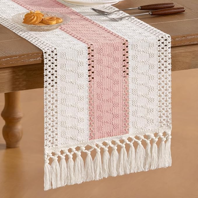 Socomi Boho Table Runner Easter Spring Farmhouse Rustic Dining Kitchen Centerpiece Decor Small Macrame Woven Cotton Linen Coffee Table Runner for Dresser Scarf Home Decor 12x72 inPink Ivory